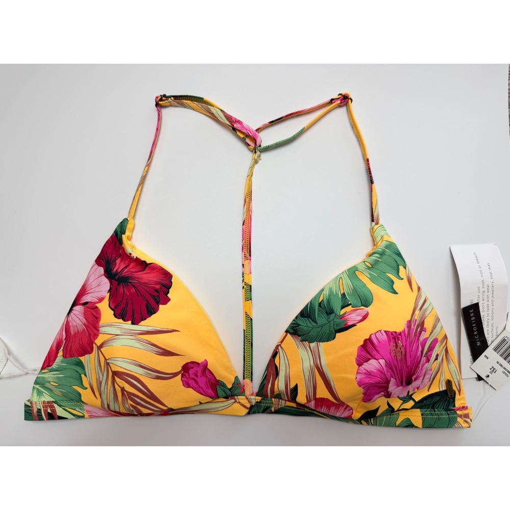 Rip Curl My Bikini Yellow Tropical T-Back Triangle Swim Top Womens Med NEW W TAG